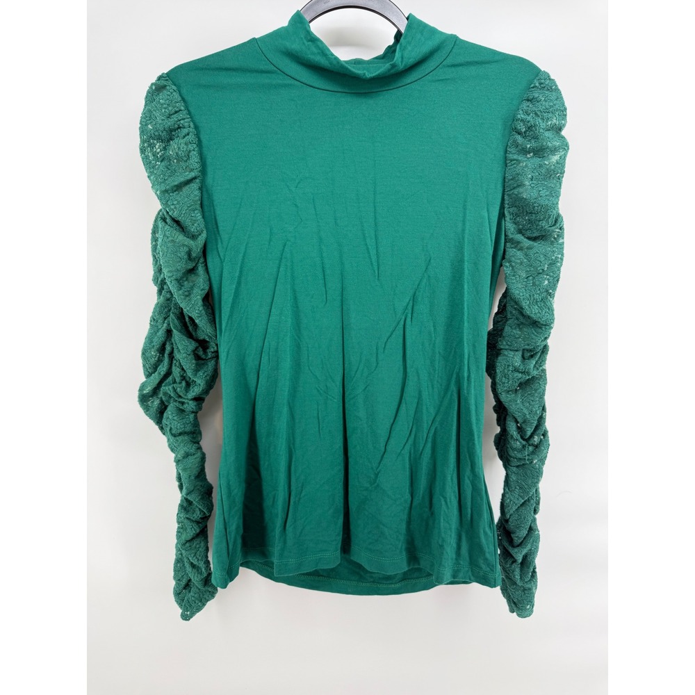 Maeve Anthropologie Green Mock Neck Ruched Lace Sleeve Top Small